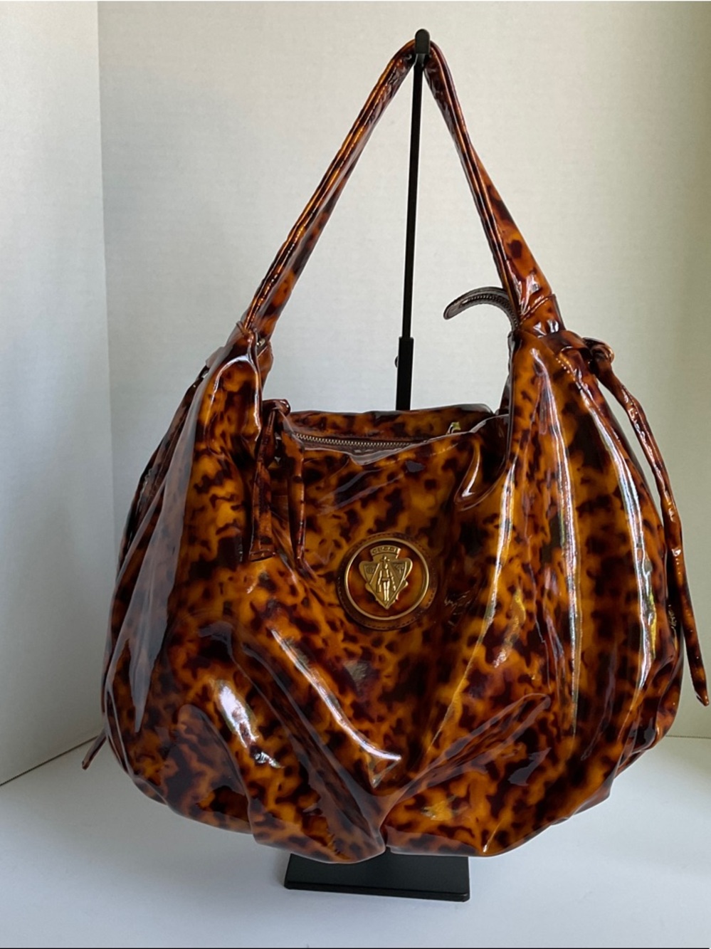 Gucci Tortoiseshell-Pattern Patent Shoulder Bag - Brown/Amber